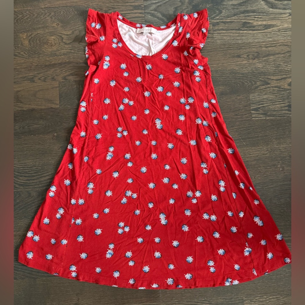LOFT Red Dress with Blue and White Floral Accents